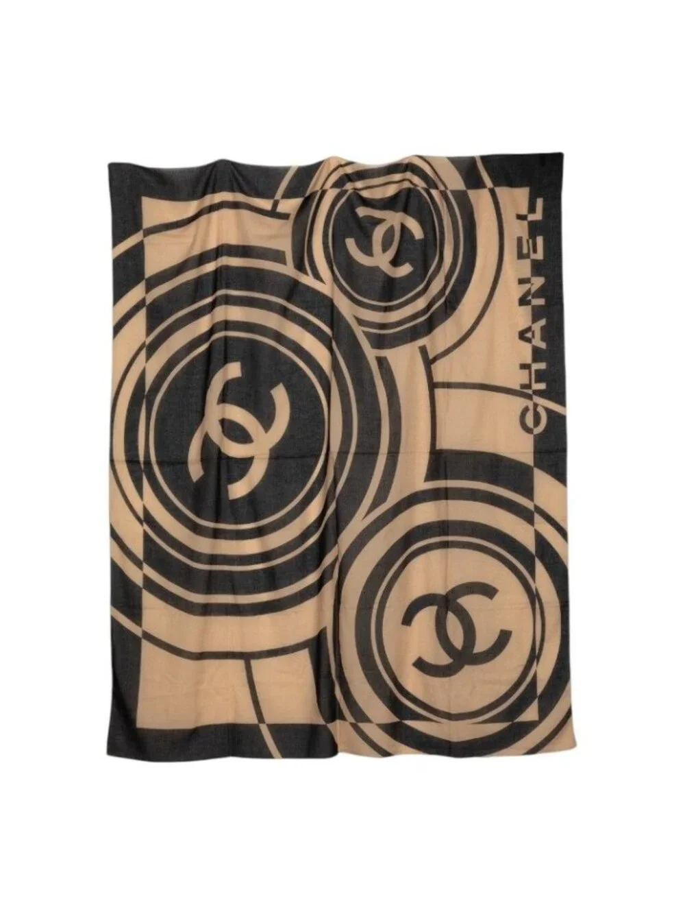 Chanel CC Logo Scarf Shawl Beige Black Cotton